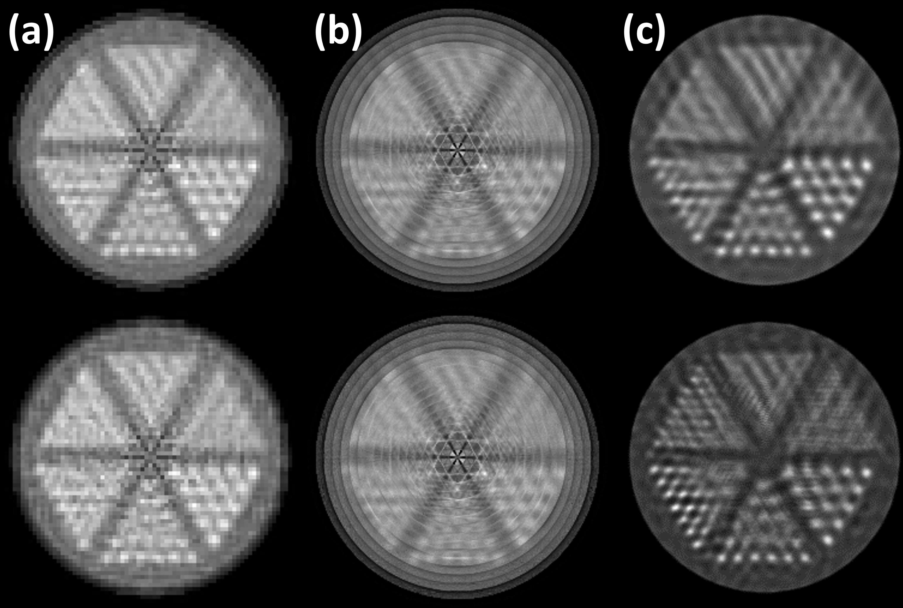 Figure 3: S image using 1 mm pixels (a) and 0.3 mm pixels (b), and M0 images using 0.3 mm pixels (c) obtained from noise-free data by using 50 (top) and 500 (bottom) OSEM iterations. The phantom was placed at the center.