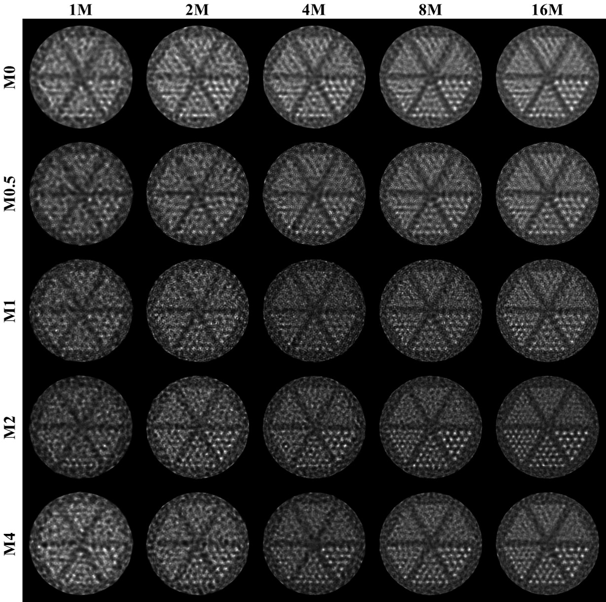 Figure 5: From left to right are images obtained from 1M-, 2M-, 4M-, 8M-, and 16M-event data by using 10, 20, 30, 40 and 50 iterations, respectively.