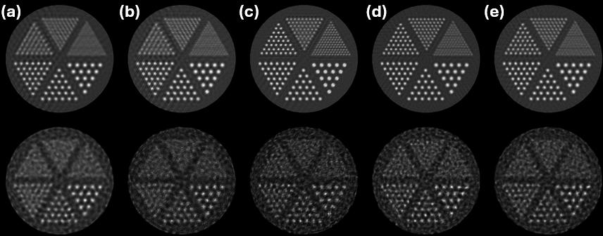 Figure 7: M0 (a), M0.5 (b), M1 (c), M2 (d), and M4 (e) images when the phantom was placed at 10.8 cm off-center. Images in the top row are obtained from noise-free data by using 500 iterations and those in the bottom row are obtained from 8M-event data by using 50 iterations.