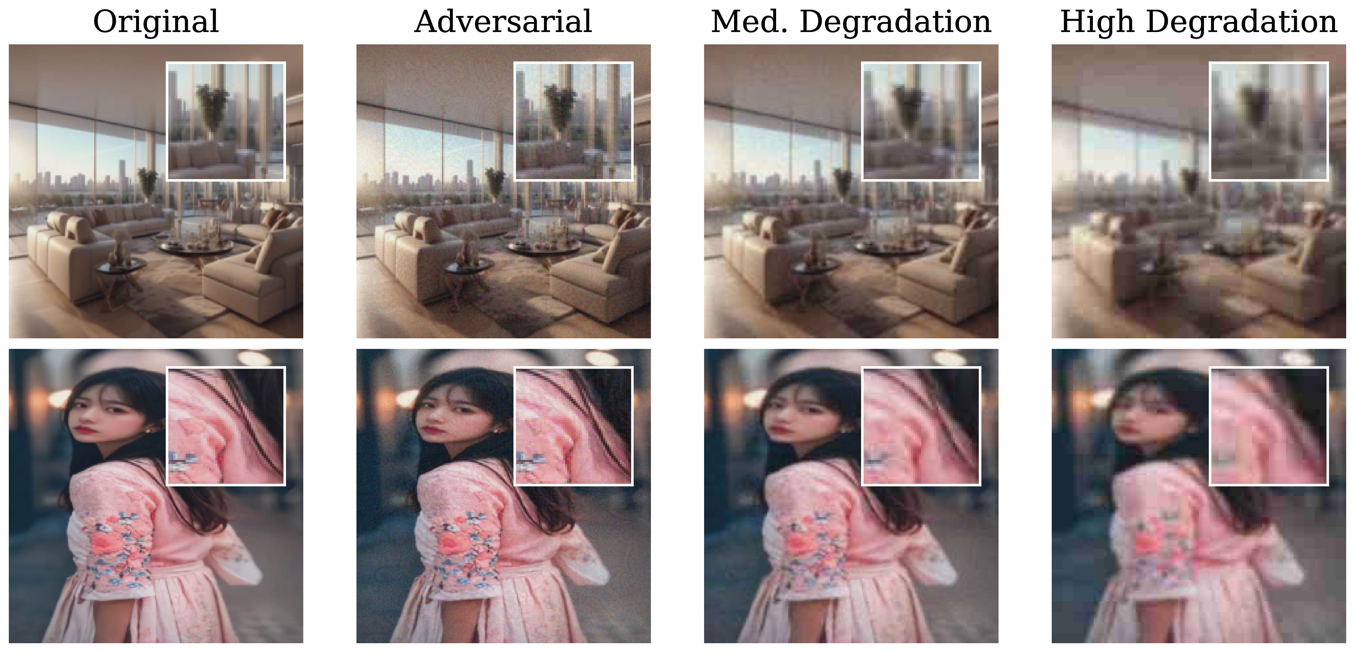 Figure 2: Visual effect of various degradation levels on adversarial examples. Example showing an adversarial example (Diverse Input attack, \epsilon = 8/255) and its appearance after medium and high degradation (degraded adversarial). Robust attacks aim to remain effective after such transformations.