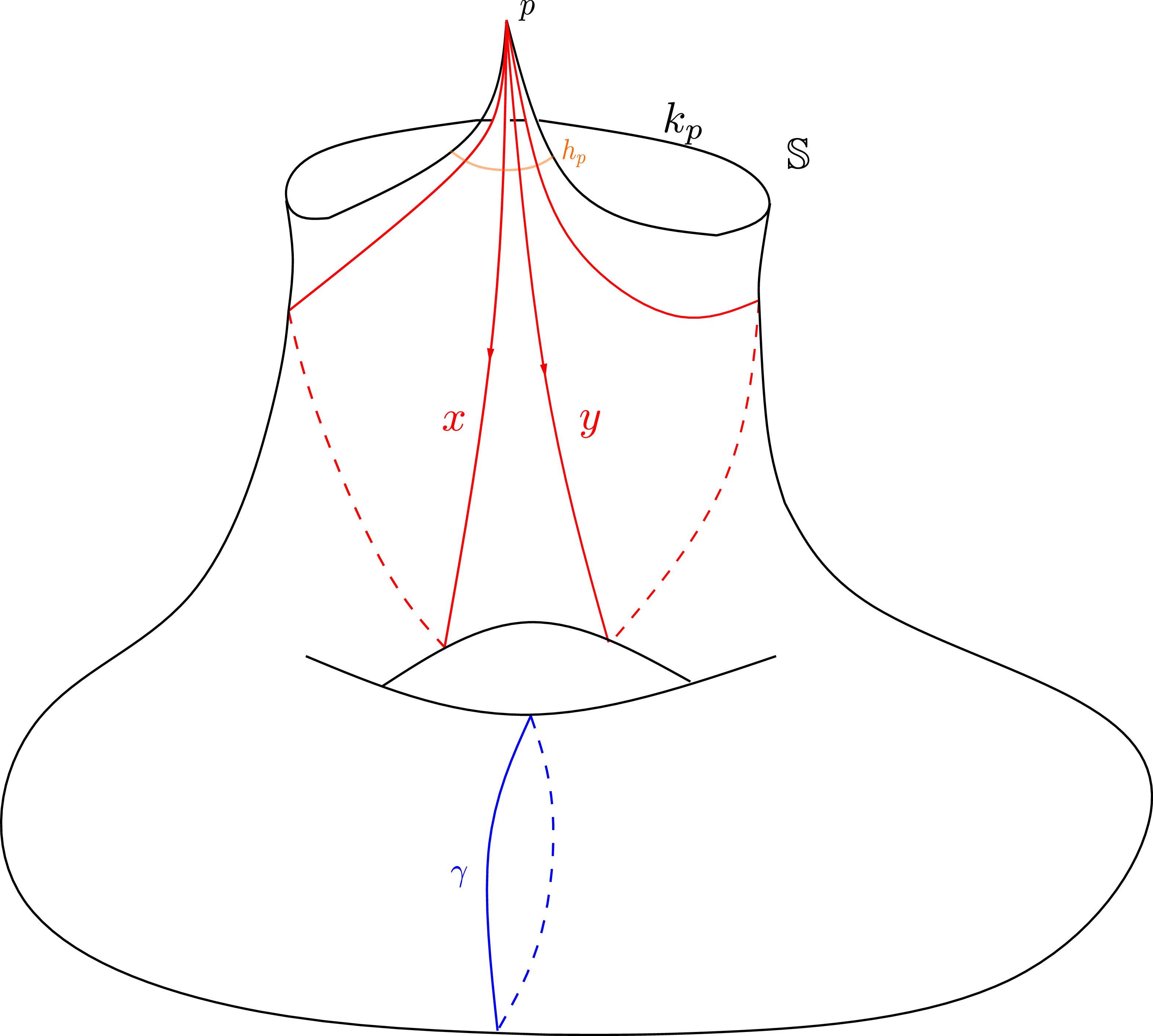 Figure 34: {\Bbb S} is a once crowned torus with a single cusp p, and k_p is the geodesic of the crown end.