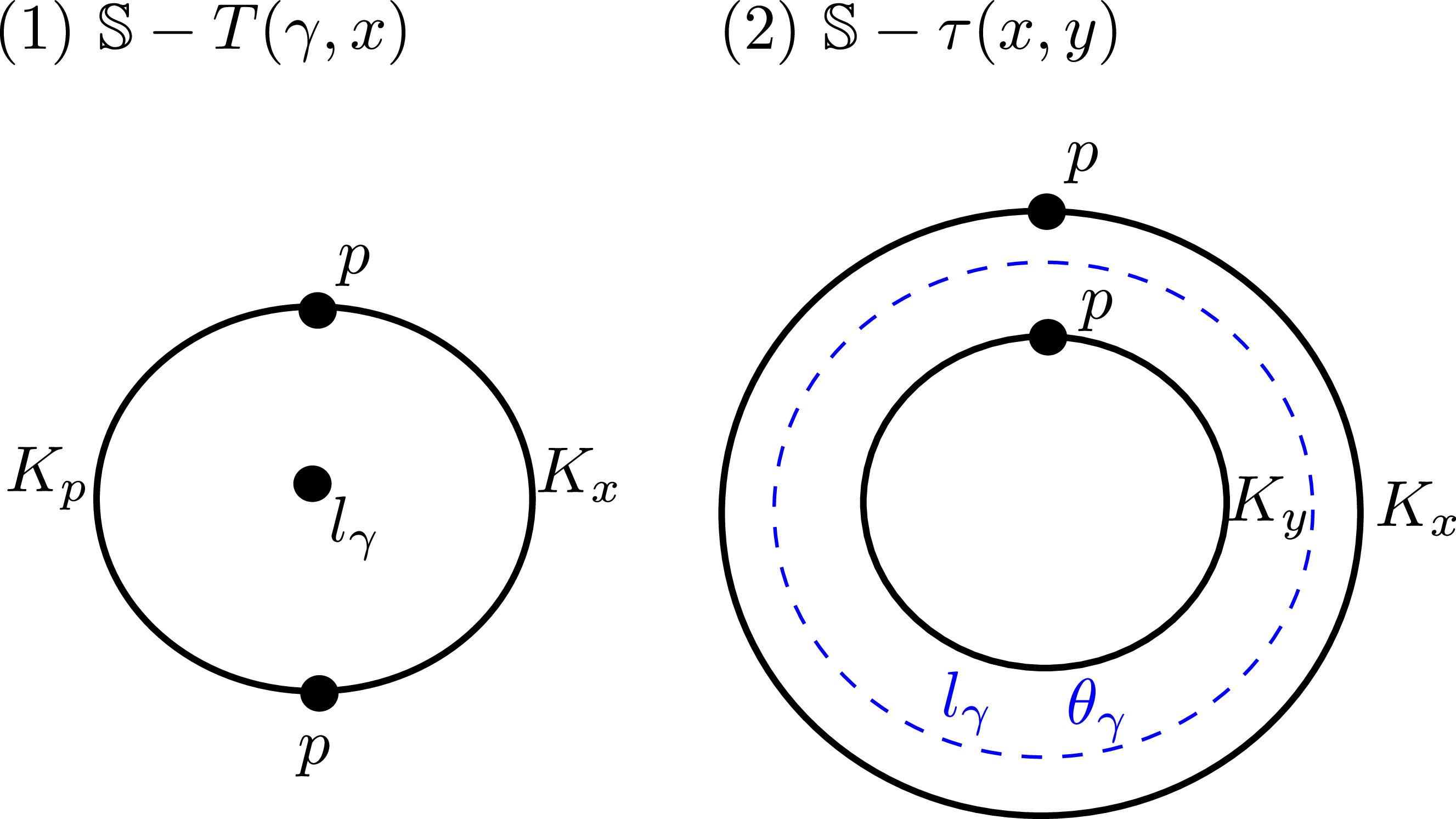 Figure 36: Decorated surfaces {\Bbb S}- {\rm T}(\gamma,x) and {\Bbb S}-\tau(x,y), and coordinates on the related moduli spaces.
