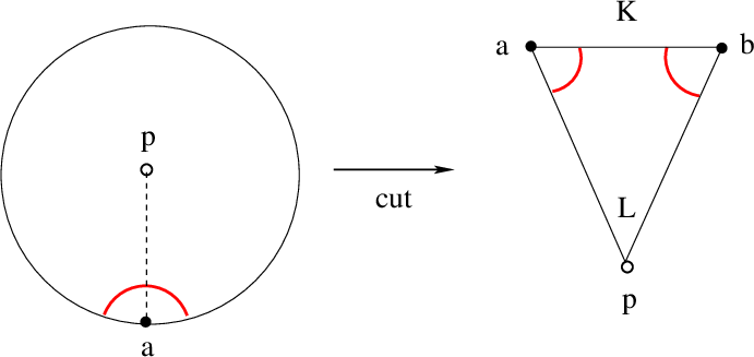 Figure 41: Cutting a trouser leg {\rm T}= {\rm D}_1^* by a radius we get a triangle with potentials at two vertices.