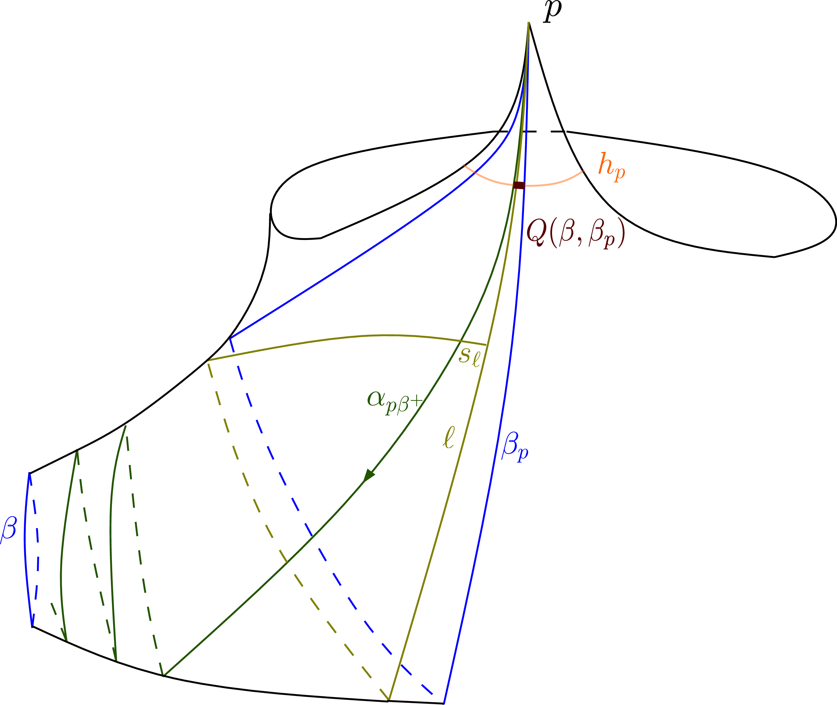 Figure 21: The geodesic \ell emitting from p and hitting itself at a point s_\ell bounds a simple closed loop \alpha_\ell homotopic to \beta. When \ell moves towards \beta, the geodesic ps_\ell converges to a bi-infinite geodesic \alpha_{p\beta^+} spiraling around \beta. When \ell moves in the opposite direction, the geodesic ps_\ell converges to a bi-infinite geodesic \beta_p. These geodesics ps_\ell between \alpha_{p\beta^+} and \beta_p fill the trouser leg {\rm T}(\beta,\beta_p). We define the gap Q(\beta,\beta_p) as the length of the interval on the horoarc h_p bounded by the intersection points h_p\cap \beta_p and h_p\cap \alpha_{p\beta^+}. The interval is shown by a solid arc. The gap Q(\beta,\beta_p) coincides with the potential W_p(\alpha_{p\beta^+}, \beta_p).