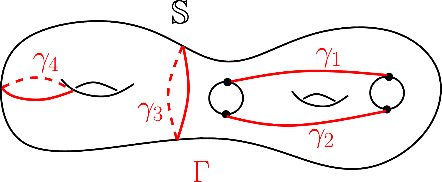Figure 30: Bi-infinite geodesics \gamma_1, \gamma_2 and simple closed geodesics \gamma_3, \gamma_4.