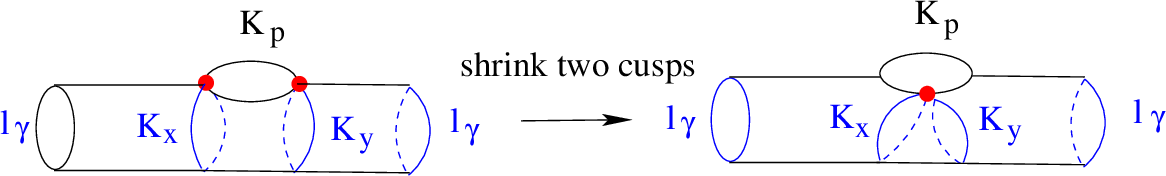 Figure 37: Let {\Bbb S} be the torus with a single cusped crown. Then {\Bbb S}- \tau(x,y) is an annulus {\rm A}_{1,1}. One can get it by shrinking one arc connected two cusps on the left.