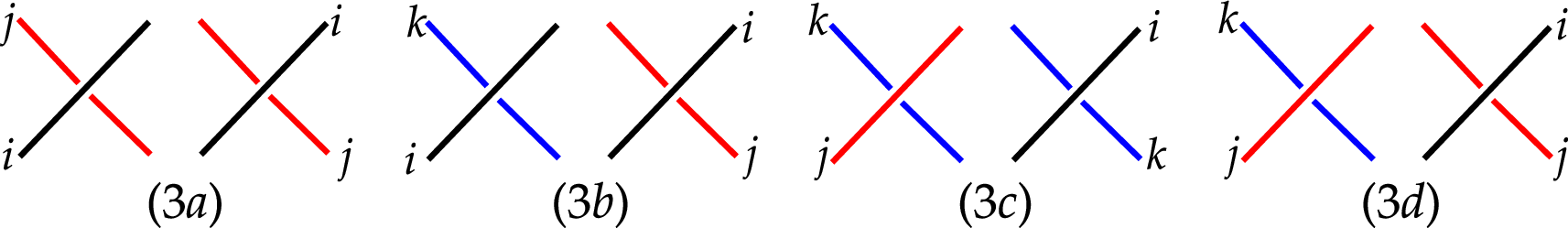 Figure 8: Pairs of colors of crossings l (left) and r (right) illustrating the proof of case (3). We assume i<j<k.
