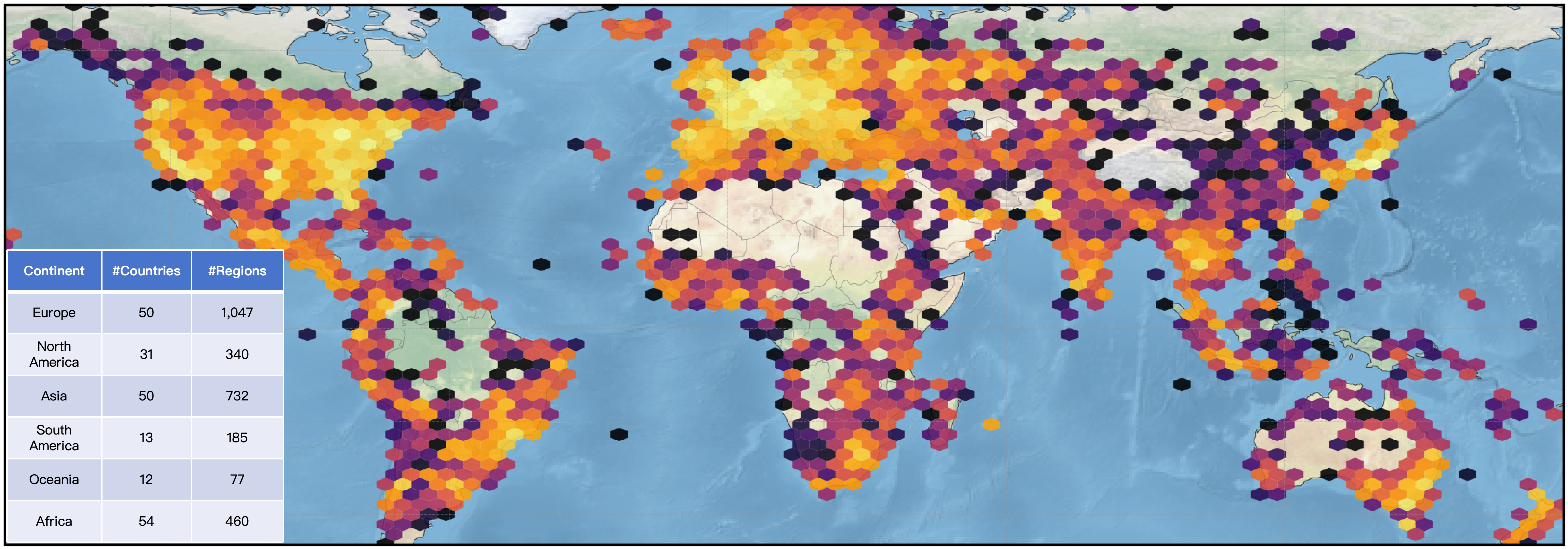 Figure 5: Global coordinate distribution of MG-Geo. The dataset has broad coverage across countries and territories but remains naturally long-tailed due to uneven street-view and landmark availability.
