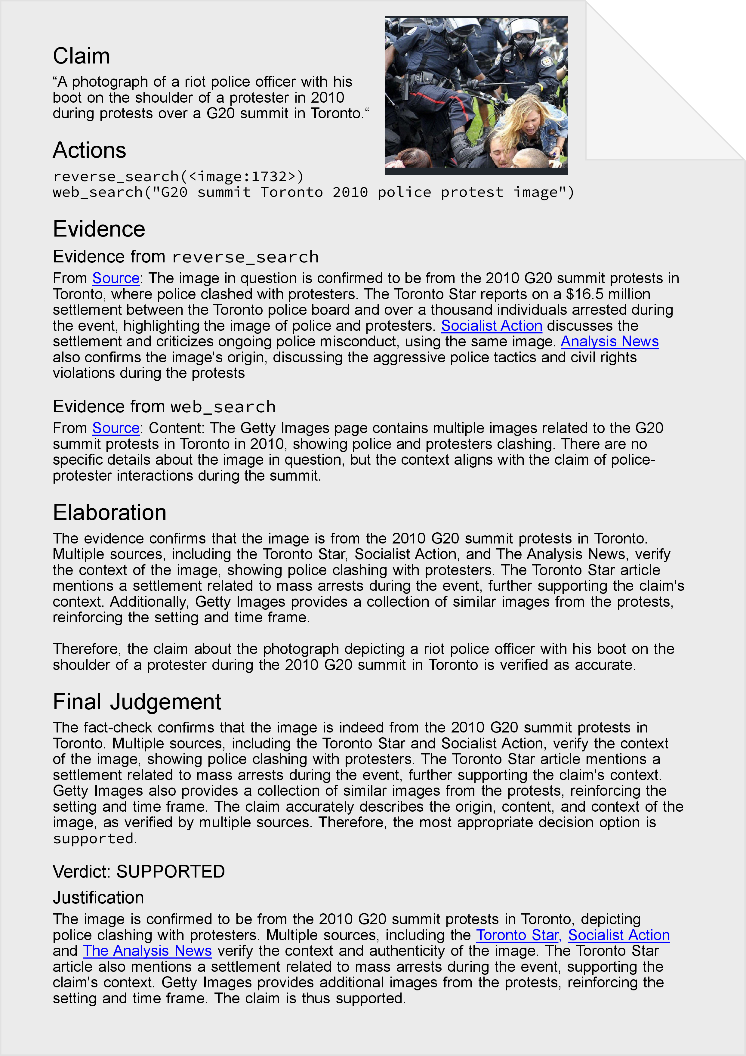 Figure 10: Fact-checking report by DEFAME, presented in the Human Evaluation.