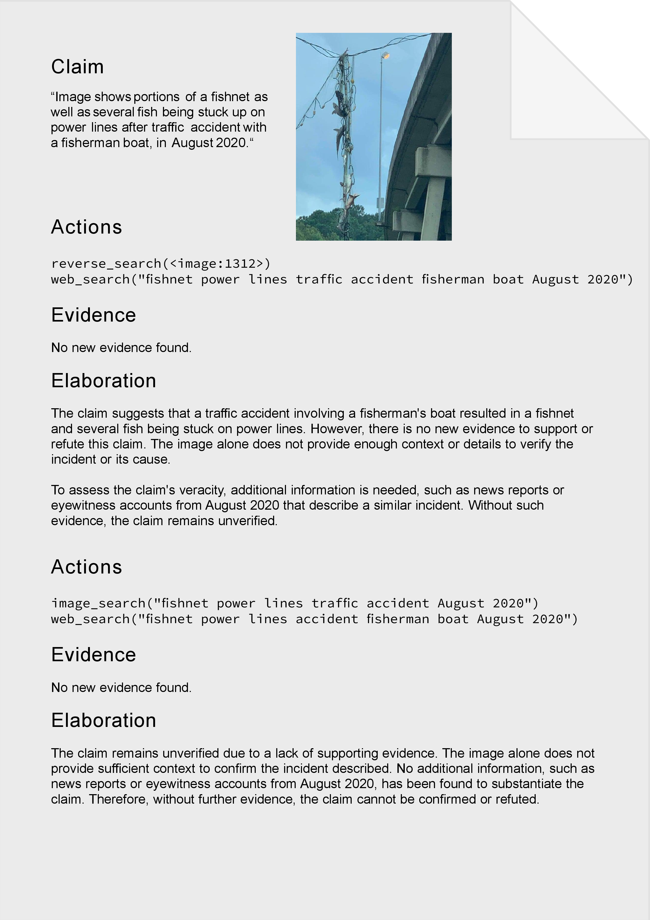 Figure 17: Report of a fact-check (page 1 of 2), which ended in a wrong prediction due to the failed retrieval of evidence.