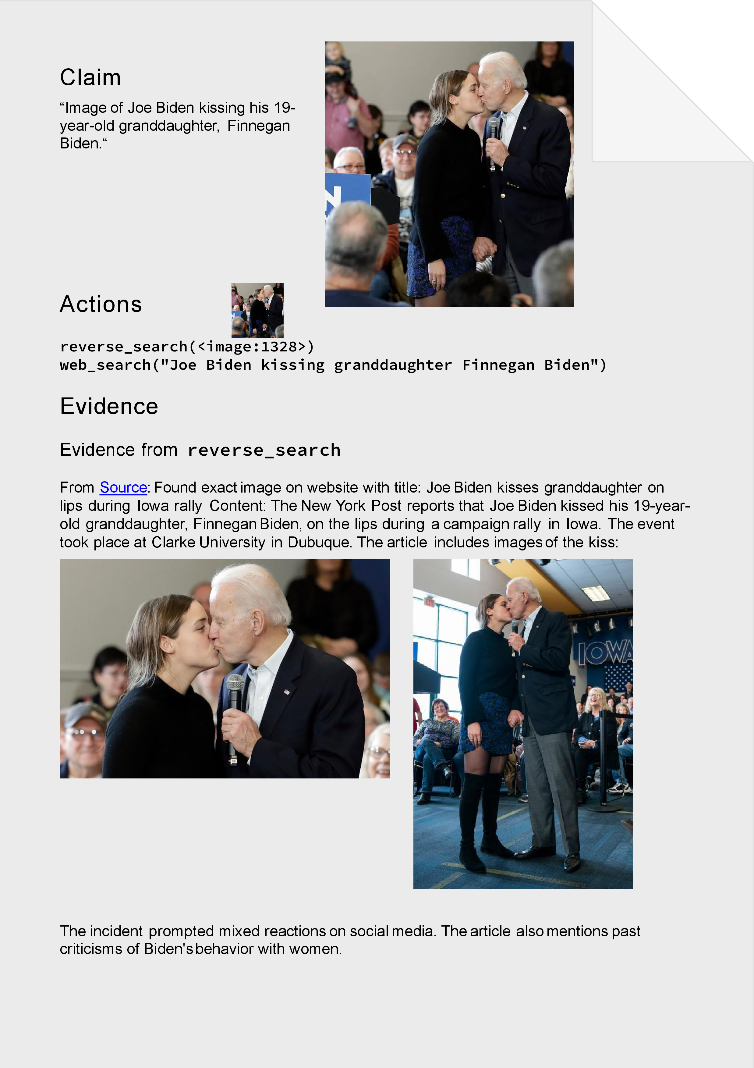 Figure 14: Exemplary fact-check report with a correct prediction, page 1 of 2.