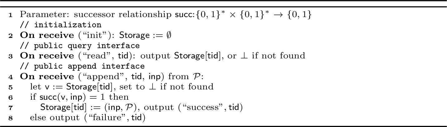 Figure 16: Blockchain Ideal Functionality \textcolor{brickred}{\mathcal{F}_{\rm{bc}}}[\textsf{succ}]