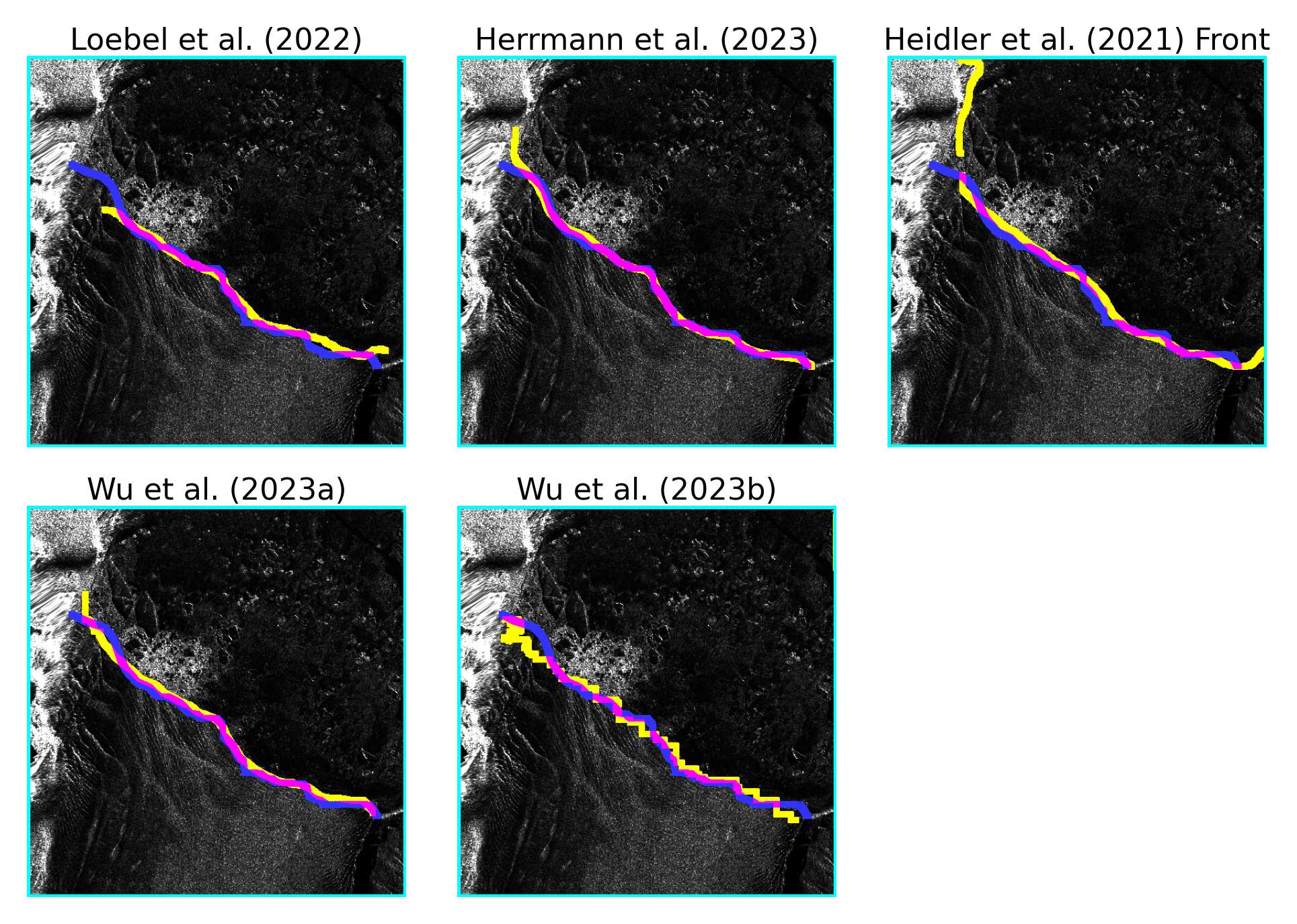 Figure 2: Predicted calving fronts of the five best-performing dl systems for an image of the Mapple Glacier taken on 24th October 2008 by the TerraSAR-X satellite. Yellow depicts the prediction, blue is used for the ground truth front, and pink signifies a perfect match between prediction and ground truth. The bounding box is given in turquoise.