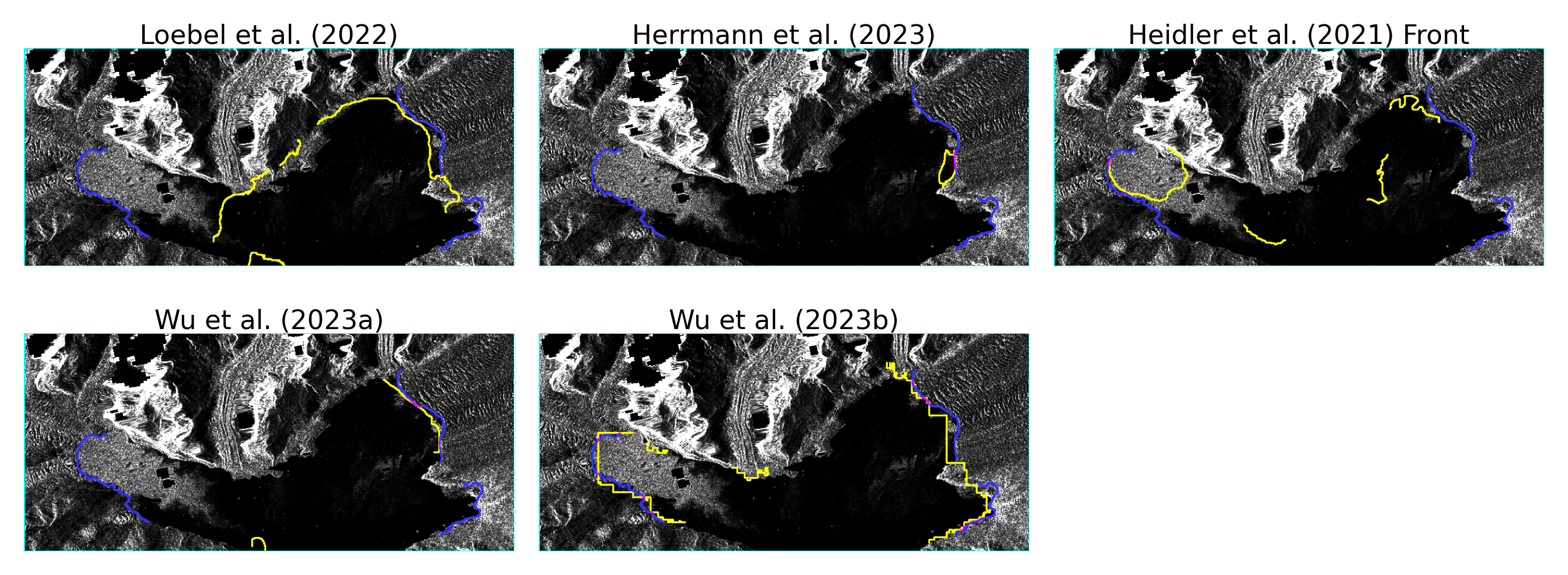 Figure 3: Predicted calving fronts of the five best-performing dl systems for an image of the Columbia Glacier taken on 8th September 2017 by the Sentinel-1 satellite. Yellow depicts the prediction, blue is used for the ground truth front, and pink signifies a perfect match between prediction and ground truth. The bounding box is given in turquoise.