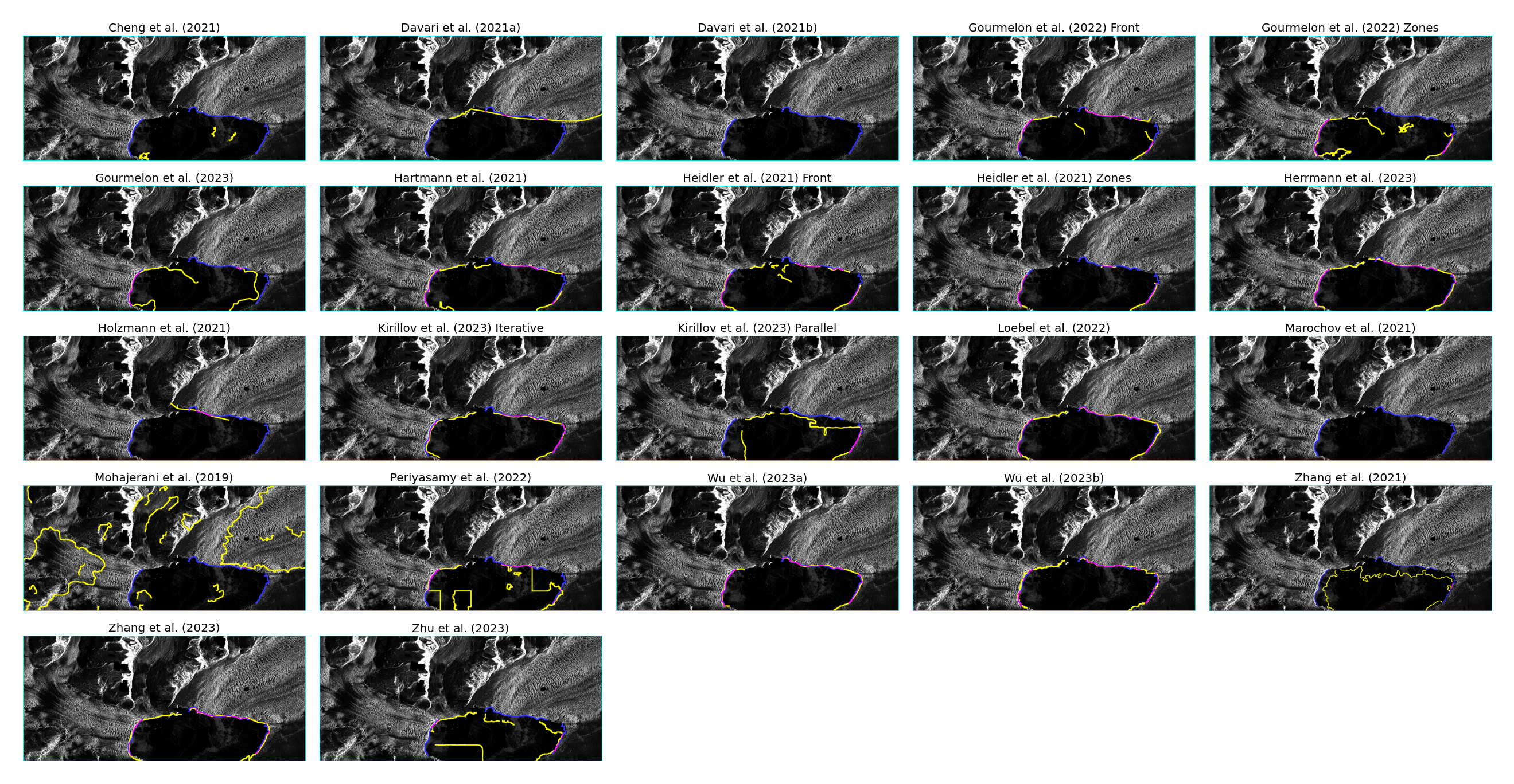 Figure 5: Predicted calving fronts of all 22 dl systems for an image of the Columbia Glacier taken on 2nd January 2012 by the TanDEM-X satellite. Yellow depicts the prediction, blue is used for the ground truth front, and pink signifies a perfect match between prediction and ground truth. The bounding box is given in turquoise.