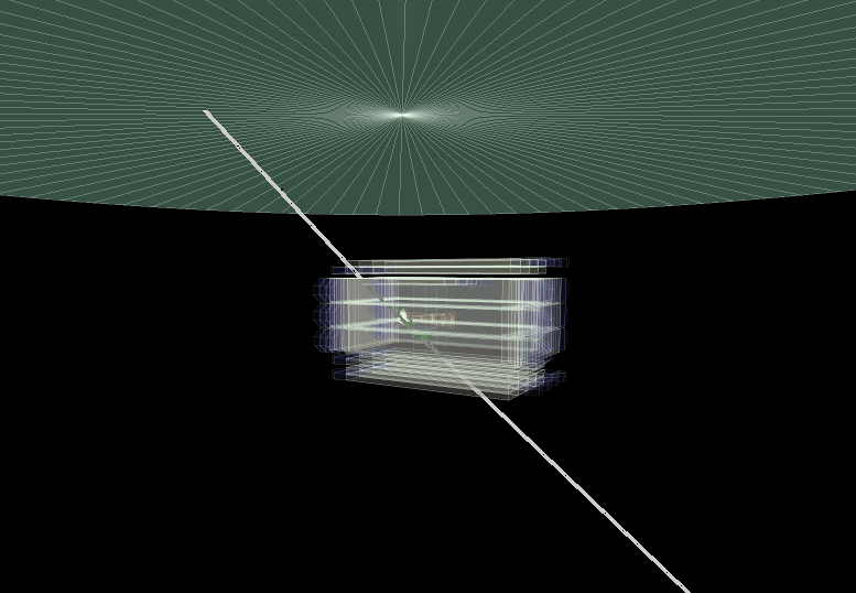 Figure 5: Monte Carlo simulation in Geant4. Particles are generated from the disk above the IAXO-D0 detector geometry.
