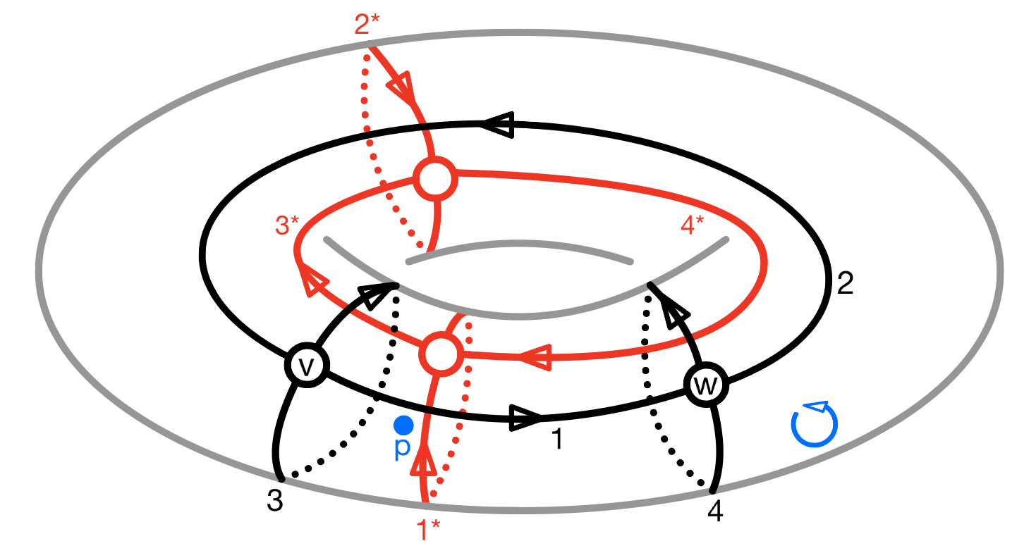 Figure 4: The point p is near the intersection of the edge 1 and the coedge 1^*, under the edge 1 and to the left of the coedge 1^*. The black and red arrows indicate the reference orientations of the underlying graph and its dual.