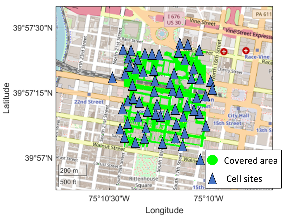 Figure 2: 28GHz network based on Downtown Philadelphia Digital Twin (Map data ©OpenStreetMap contributors, Microsoft, Esri community Maps contributors. Map layers by Esri, markers added for more visibility, license: https://creativecommons.org/licenses/by-sa/2.0/legalcode)