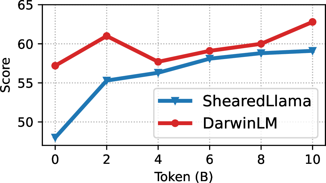 Figure 4: Performance comparison of DarwinLM and ShearedLlama with different training token numbers. DarwinLM achieves better performance than ShearedLlama on all training token number settings.