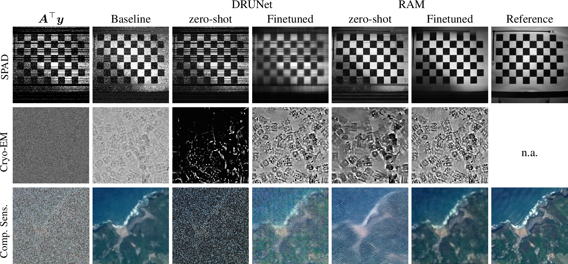 Figure 4: Self-supervised finetuning. RAM can be finetuned on a few real LinoSPAD or Cryo-EM images without ground-truth nor full knowledge of the noise distribution. Adaptation to new problems (compressed sensing and demosaicing) and new distributions (Sentinel 2 images), by finetuning on measurements of a single image.