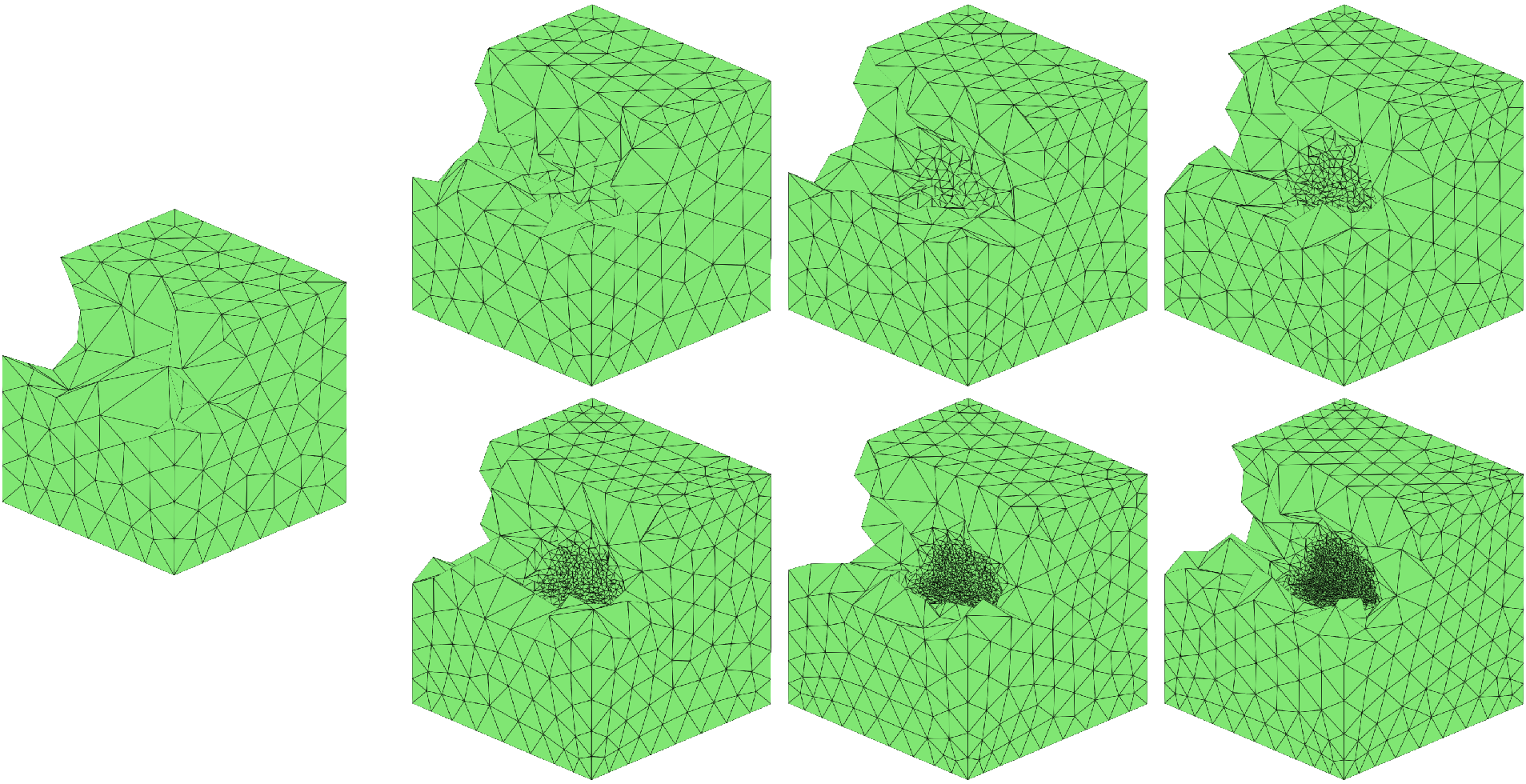 Figure 30: 8, initial mesh (left) and its evolution through five adaptive refinements at t=0.0.