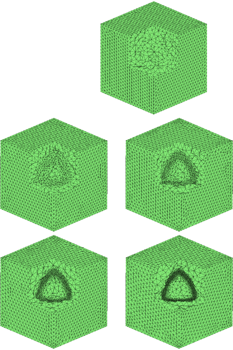 Figure 27: 7, initial mesh (left) and its evolution through four adaptive refinements at t=0.0.