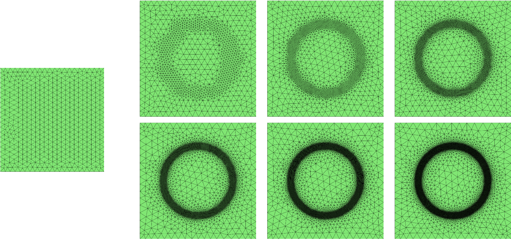 Figure 16: 4, initial mesh (left) and its evolution through six refinements at t=0.0.