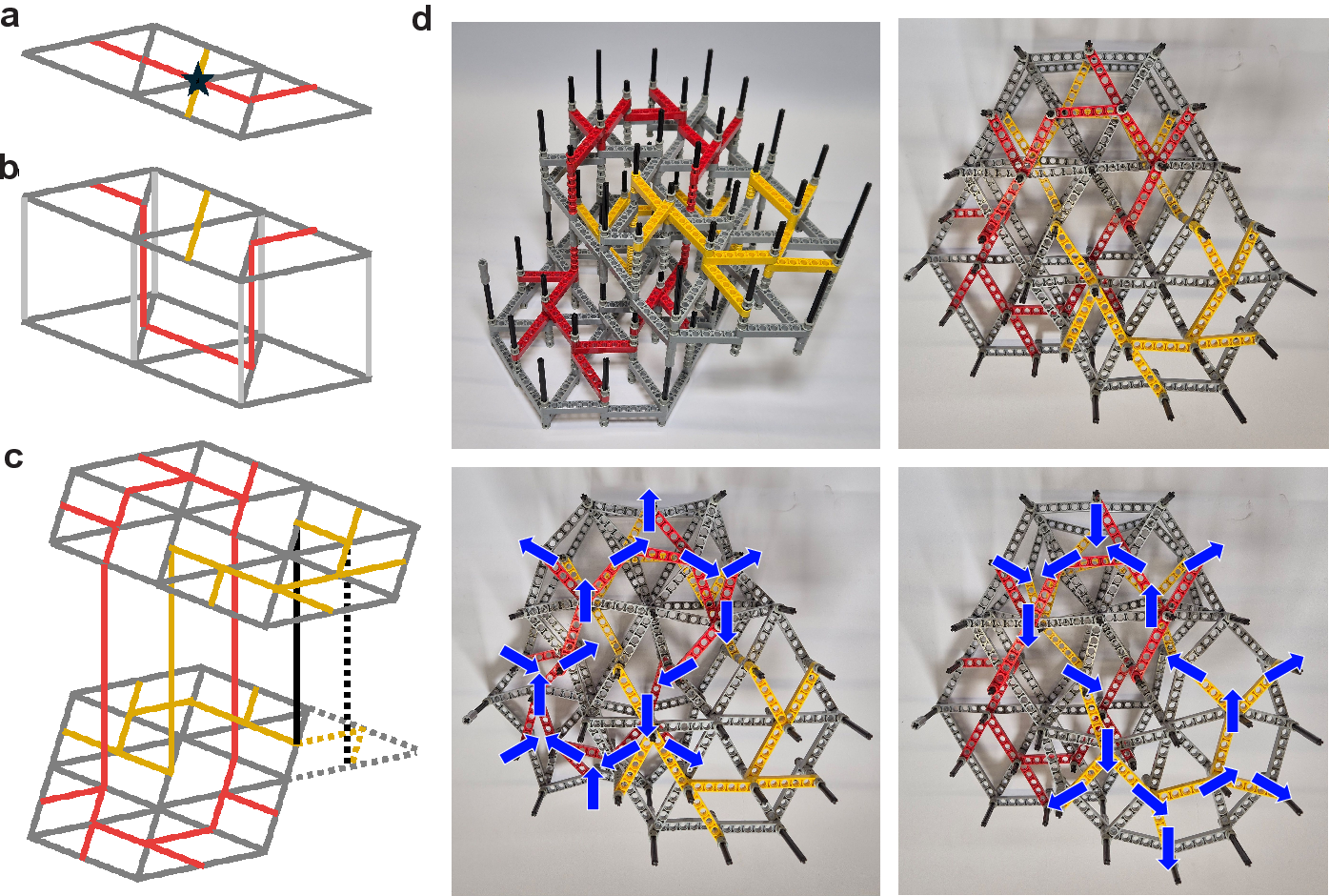 Figure 2: Linked floppy modes and three-dimensional rigid chains. a, In the plane, two crossing chains (red, yellow) share an edge node (black star) that couples them. b, Connecting parallel layers allows chains to bypass each other. c, Three-dimensional metamaterials enable knotted topologies, like catenated floppy chains, without contact between them. For clarity, the vertical connectors at all corner nodes are not shown. Moving the solid black vertical connector to its dotted position rigidifies the yellow loop without changing the intra-layer structure. d, LEGO® realization of linked loops and their individual actuation.