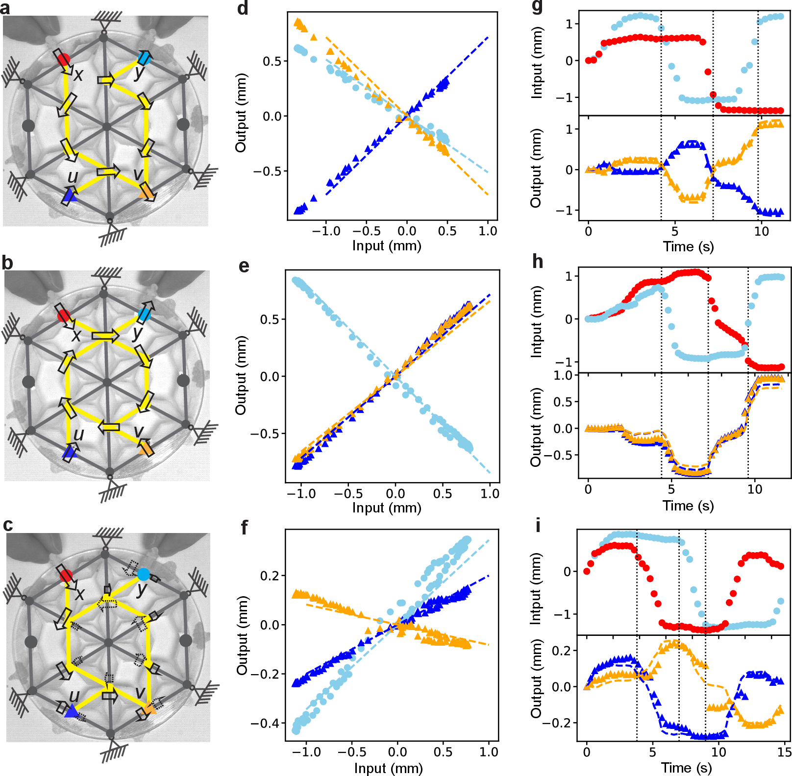 Figure 4: Matrix-vector multiplication. a-c, Experimental setup of open chain (a), even loop (b), and odd loop (c), with the six corner nodes fixed in place. Arrows indicate the decay in displacement along the chain or loop from a single input x. Solid and dashed arrows for the odd loop indicate the decay along the two paths. d-f Experimental results (symbols) and theoretical predictions (dashed lines) of output under a single input x with \alpha=0.92 for the open chain and even loop, and \alpha=0.8 for the odd loop. Colors and markers correspond to the outputs marked in panels a-c. g-i, Experimental measurements (symbols) and theoretical predictions (dashed lines) under simultaneous actuation of the two inputs x and y.