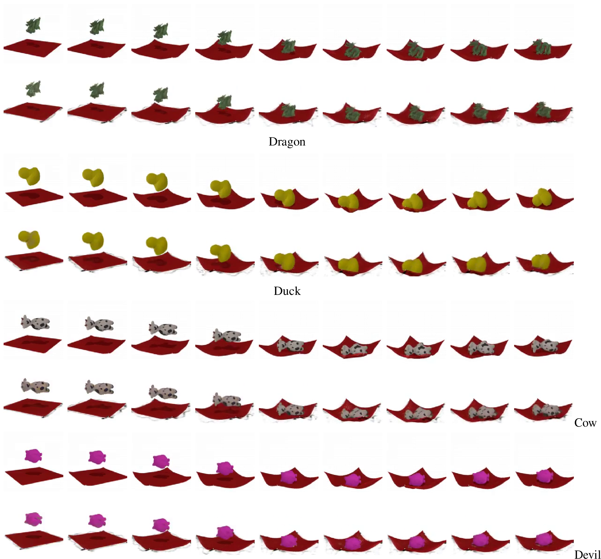 Figure 18: 3DGSim: Various objects falling on a red cloth with its corners fixed.