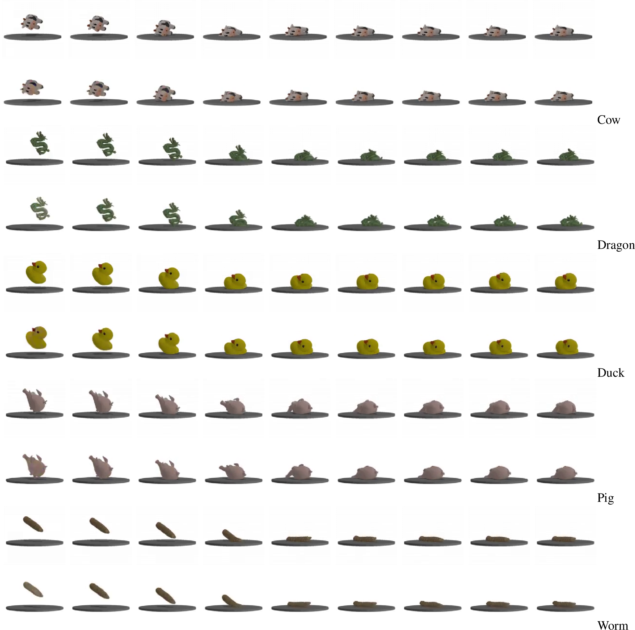Figure 20: 3DGSim: Various elastic simulations for different objects.