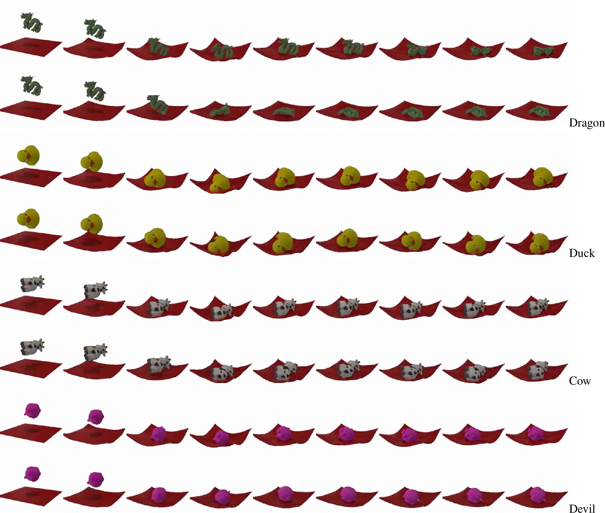 Figure 19: CosmosFT: Various objects falling on a red cloth with its corners fixed.