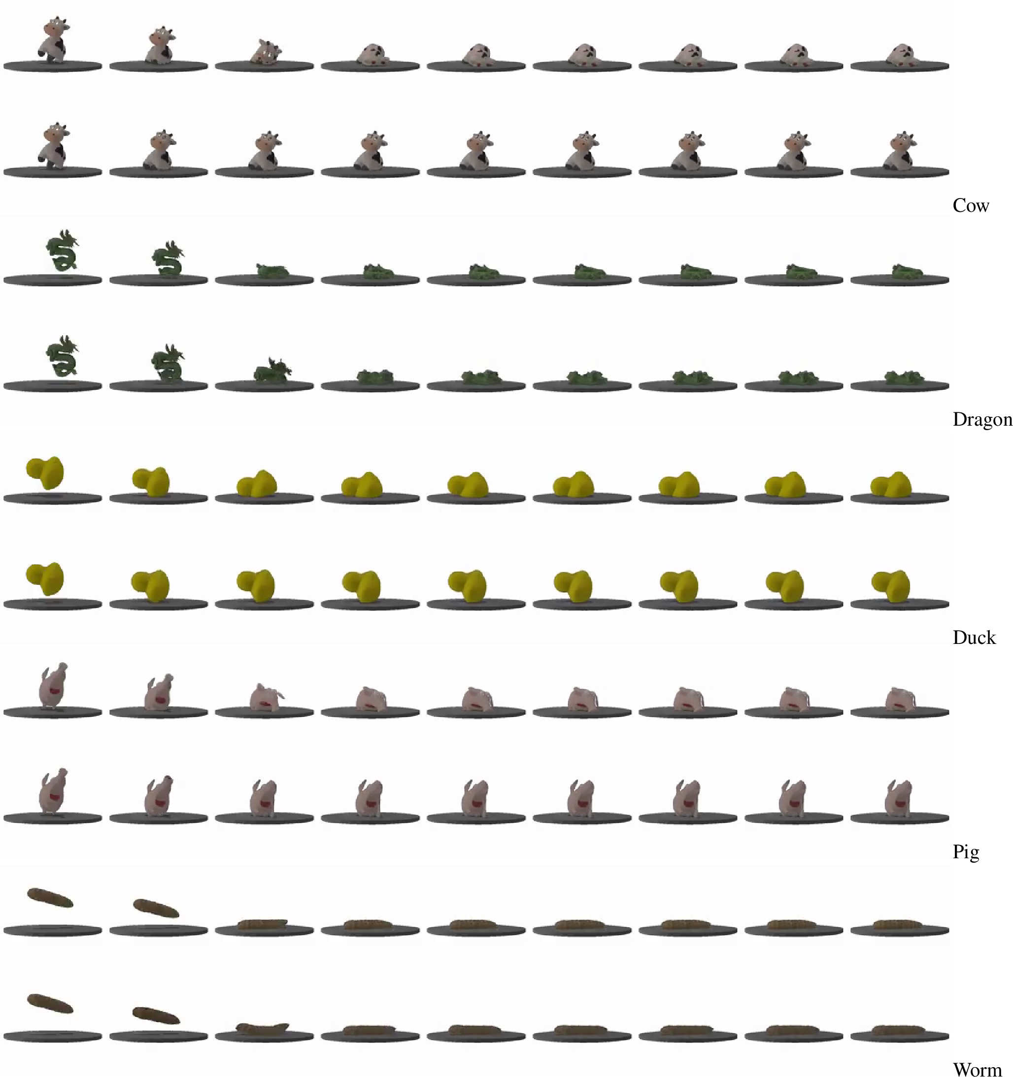 Figure 21: CosmosFT: Various elastic simulations for different objects.