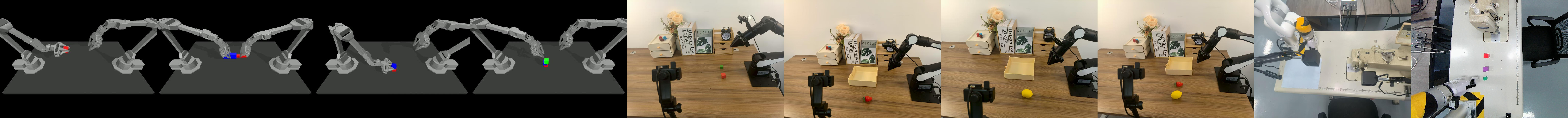 Figure 3: Left: The MuJoCo tasks Transfer Cube, Bimanual Insertion, Transfer Plus, and Stack Two Blocks. Right: The real-world tasks Stack Block, Store Strawberry, Store Lemon, Store Items, Assist Sewing, and Stack Blocks.