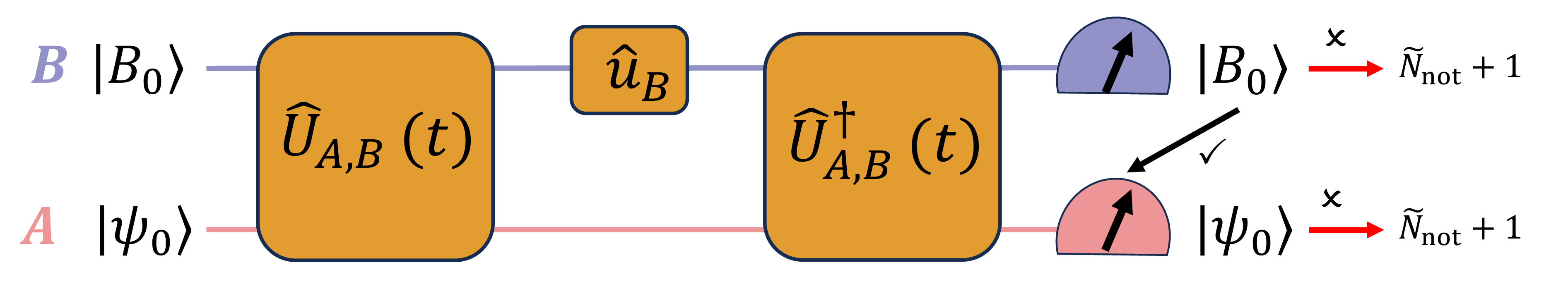 Figure 5: Single-round protocol for measuring the second Rényi entropy via the basis-resolved ETP with a fixed initial state each round. Starting from \ket{\psi_0}_A\otimes\ket{B_0}_B, we evolve A and B forward for time t, apply a random unitary on subsystem B, and then evolve A and B backward for the same duration t. Finally, we measure subsystems A and B. See Sec. 3.2.3 for details.