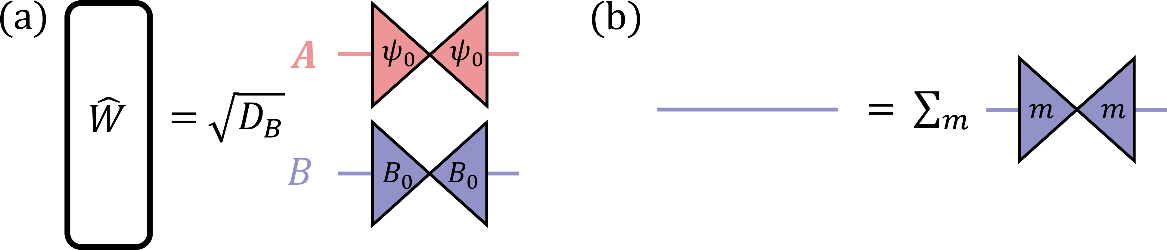 Figure 11: (a) The diagrammatic representation of the initial density matrix \hat{\rho}(0) = |\psi_0\rangle_{AA} \langle \psi_0| \otimes |B_0\rangle_{BB} \langle B_0| is shown. A ket-state |\psi_0\rangle is represented by a triangle with a left leg, while a bra-state \langle \psi_0| is represented by a triangle with a right leg. (b) The diagrammatic representation of the identity operator is simply shown as a line. It can also be expressed as \hat{\text{\usefont{U}{bbold}{m}{n}1}} = \sum_m |m\rangle \langle m|, where \{|m\rangle\} forms a complete orthonormal basis of the corresponding Hilbert space.