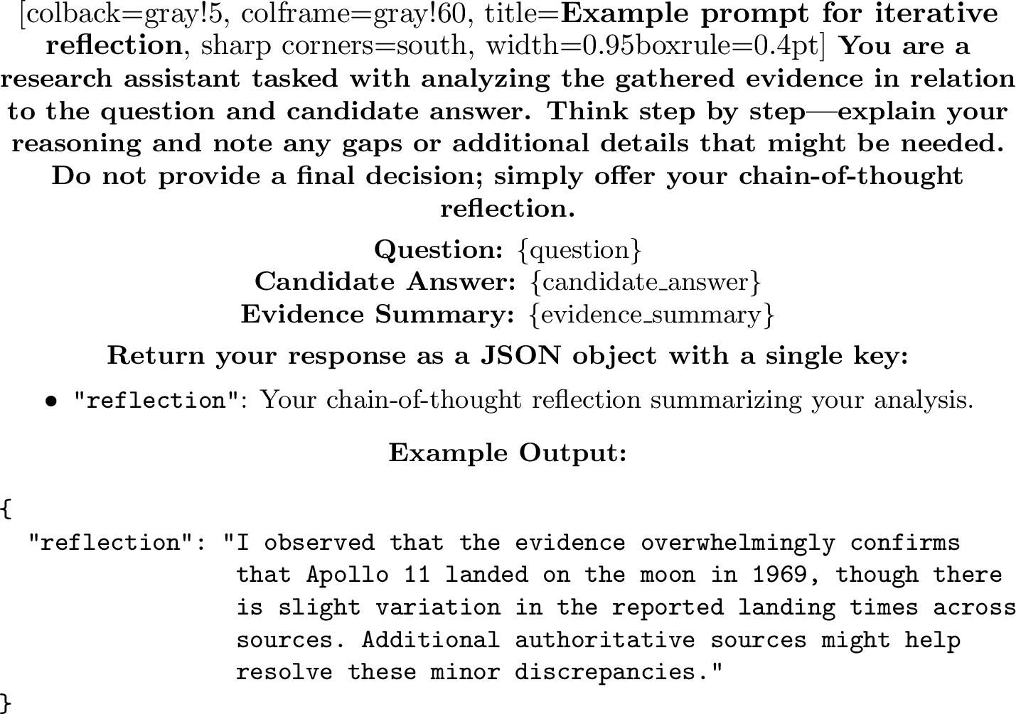 Figure 8: Prompt for iterative reflection, instructing the model to analyze the relationship between the question, candidate answer, and evidence summary.