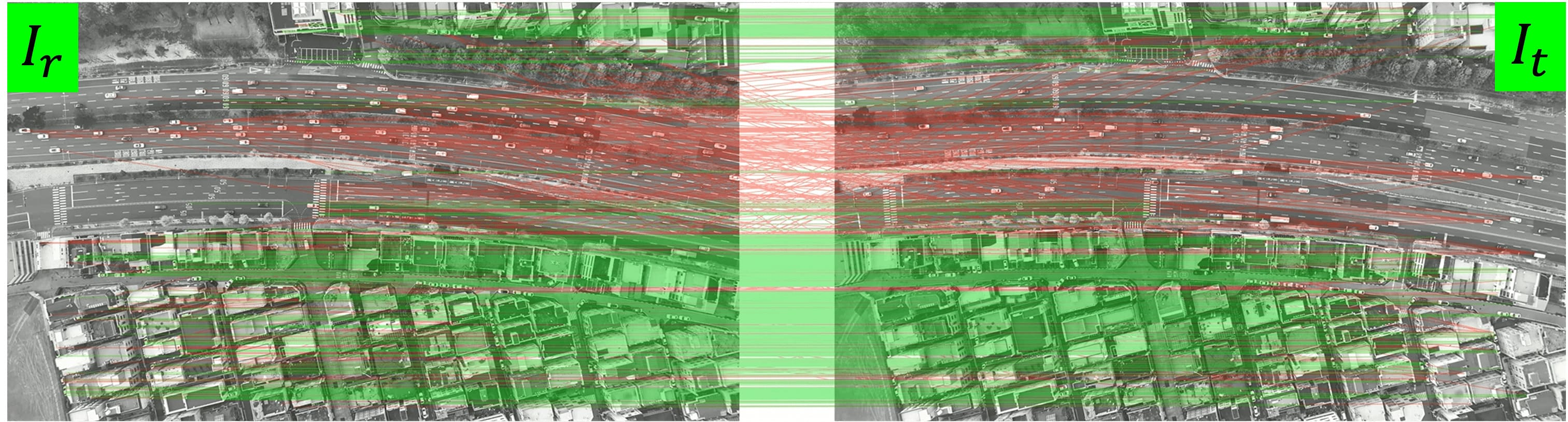 Figure 4: Feature detection and matching results between I_r and I_t. Feature points were detected using ORB, and corresponding features were matched using the Brute-Force Matcher. Green lines: matched feature points, red lines: failed points.