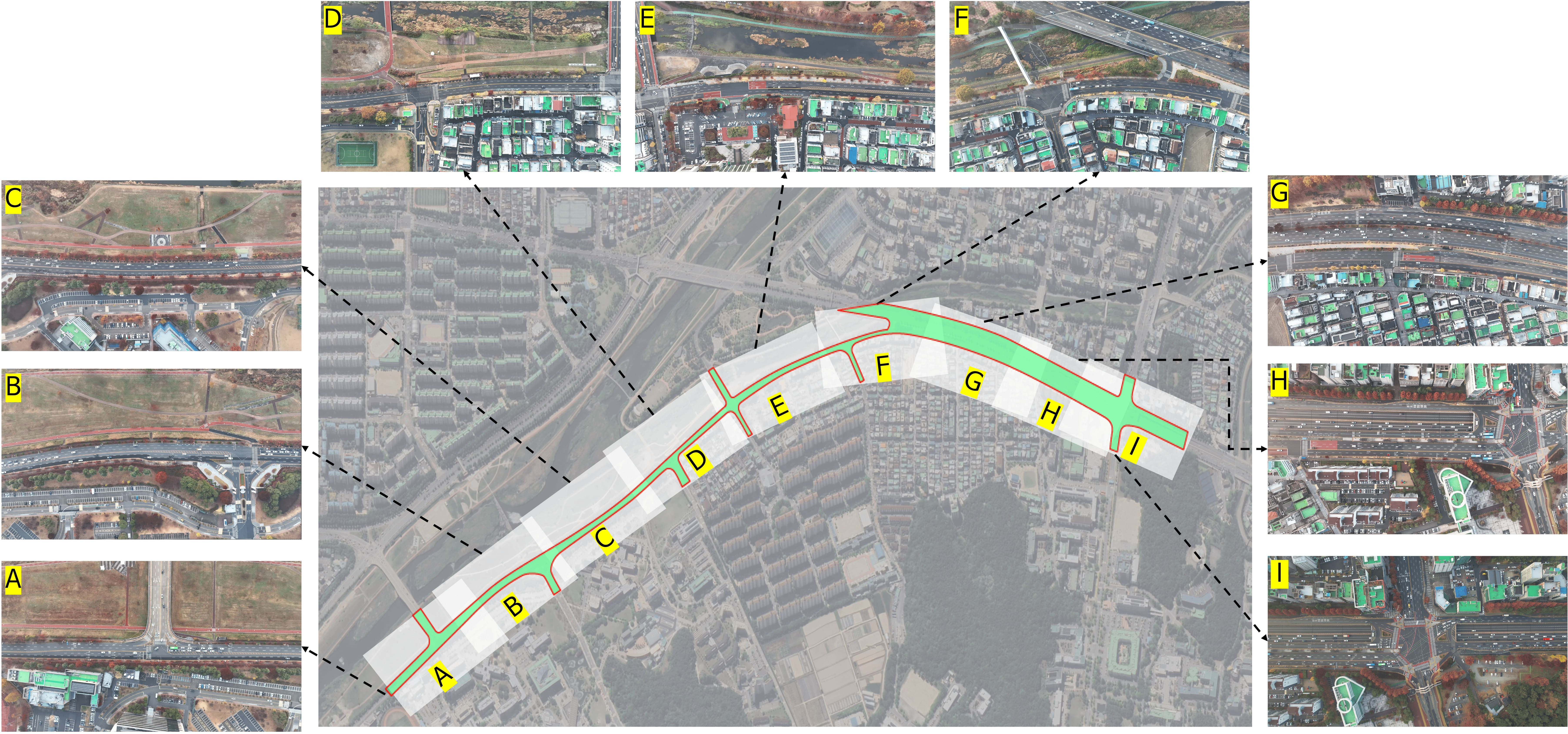 Figure 1: Drone-derived aerial views in nine sites in our experiment (Sties A to I). The green masks indicate the designated RoI for each site.