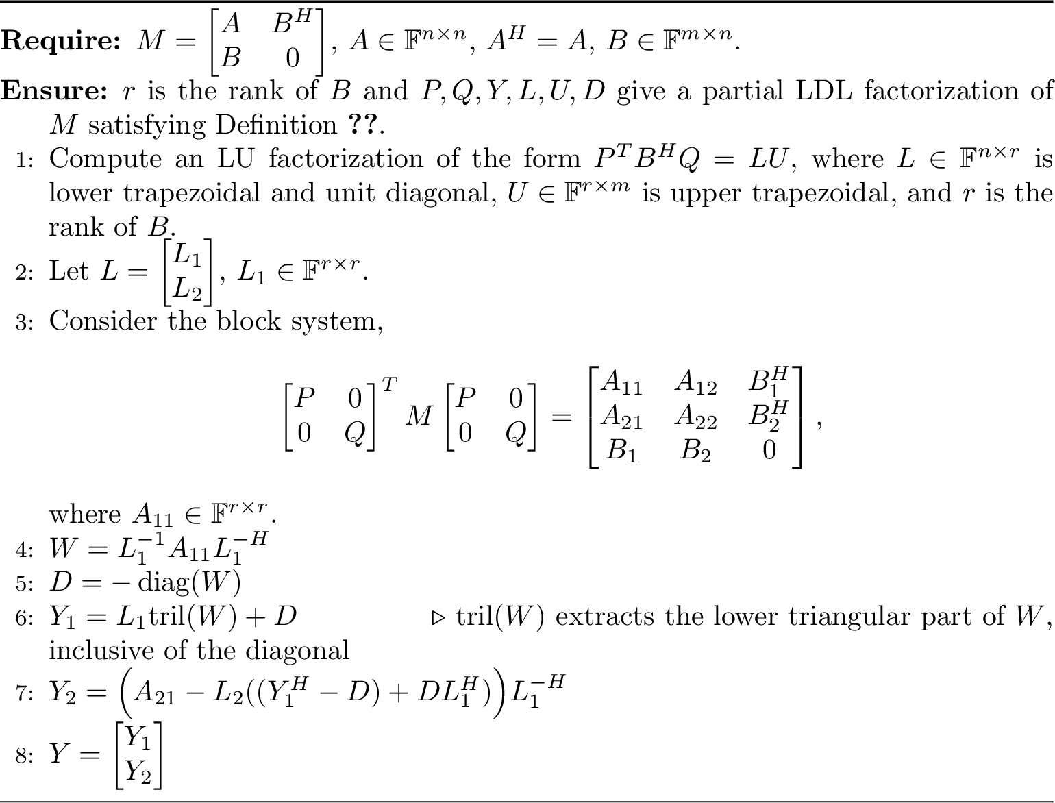 Figure 2: [P, Q, Y,L,U,D,r]= Null-space-partial-LDL-Schilders(A, B)