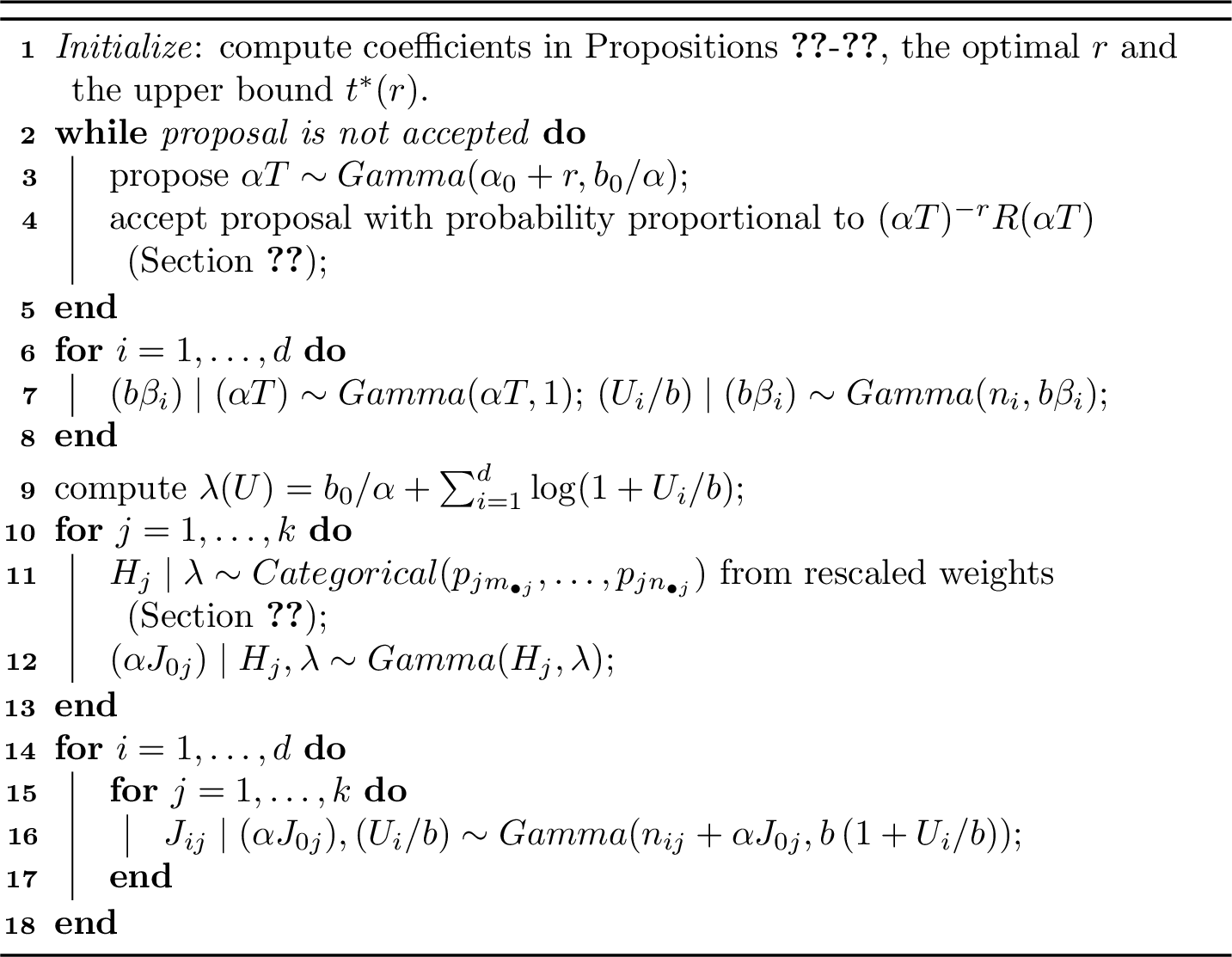 Figure 3: Exact posterior sampling algorithm for jumps \boldsymbol{J}.