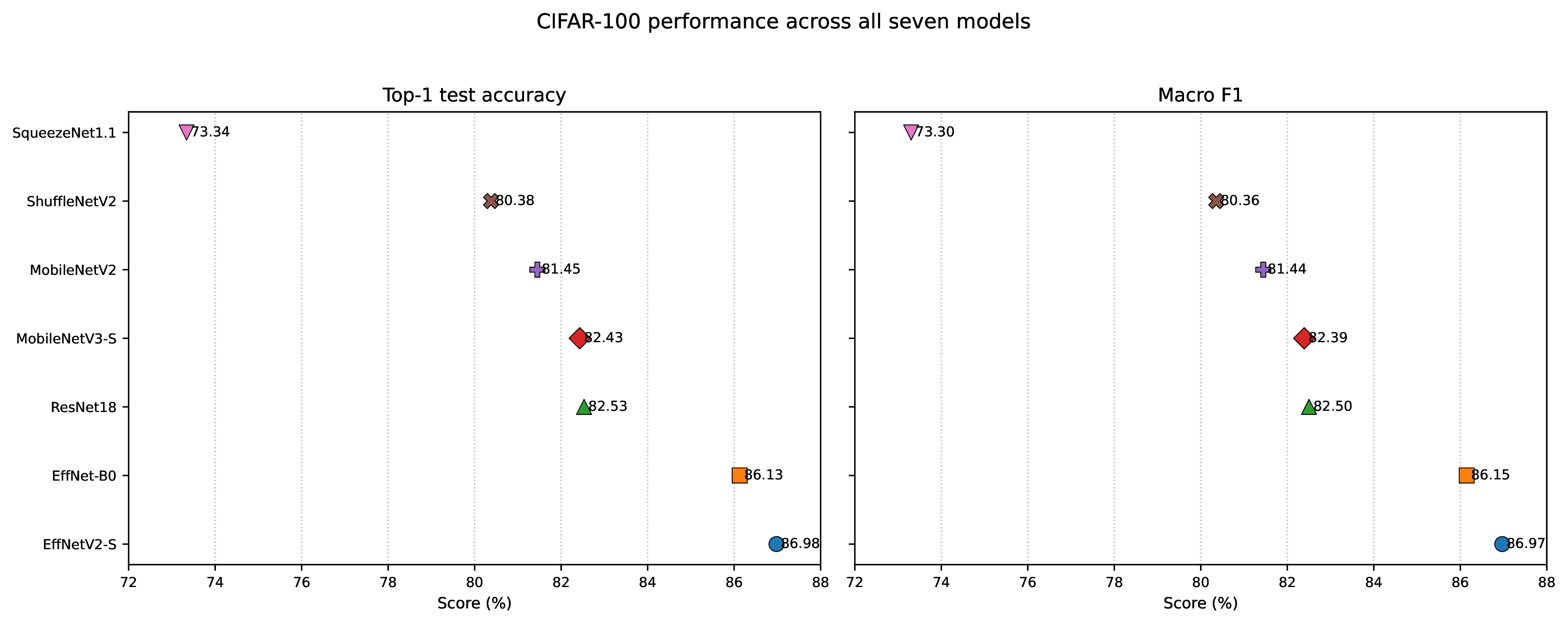 Figure 2: CIFAR-100 top-1 accuracy and macro F1 across the seven models.
