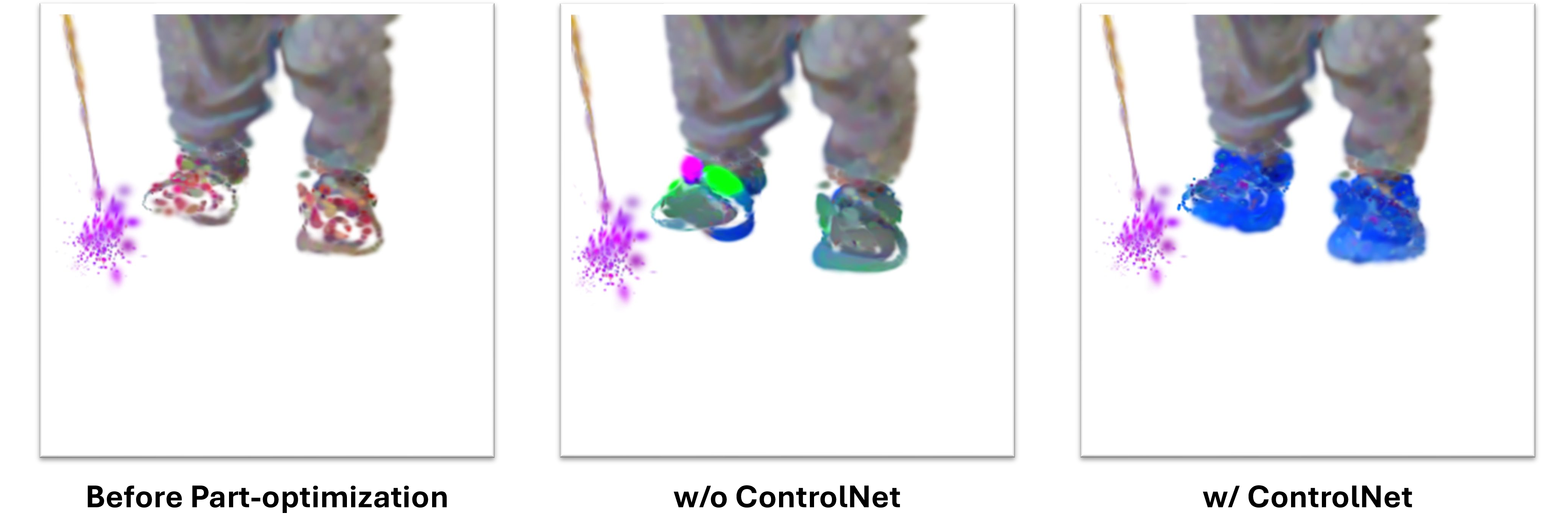 Figure 3: Ablation study of ControlNet. Input text: blue sports shoes. Without shape control, the diffusion model will give wrong guidance and the result will be bad.