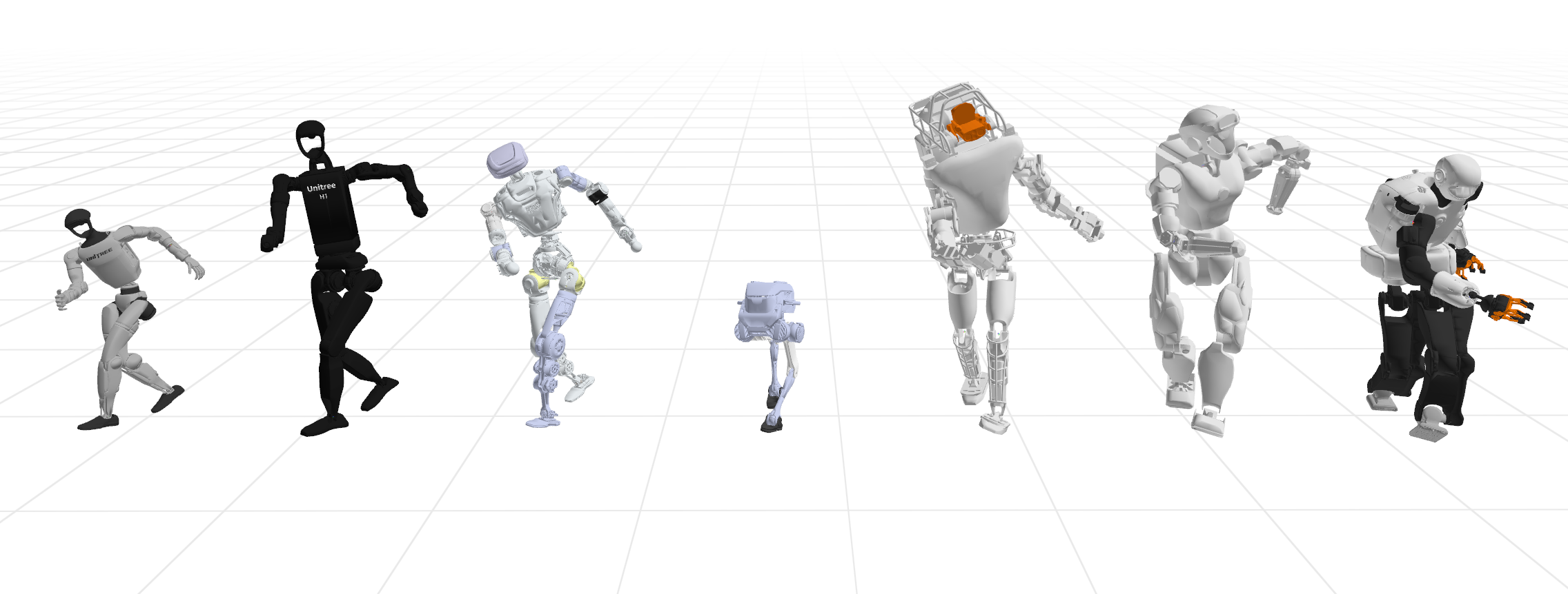 Figure 1: Multi-embodiment motion retargeting. Our unified framework enables the transfer of a single motion to multiple heterogeneous embodiments via a guided diffusion model.