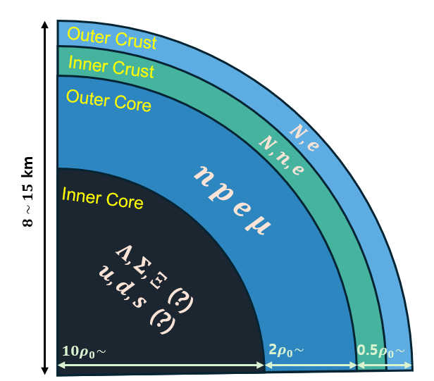 Figure 1: A schematic illustration of the cross section of a neutron star, showing its compositions and expected density ranges, where “N” represents “Nuclei” forming Coulomb lattices in the outer and the inner crusts. In the present study, we do not consider the inner core, assuming that the entire core region is composed of npe\mu nuclear matter.