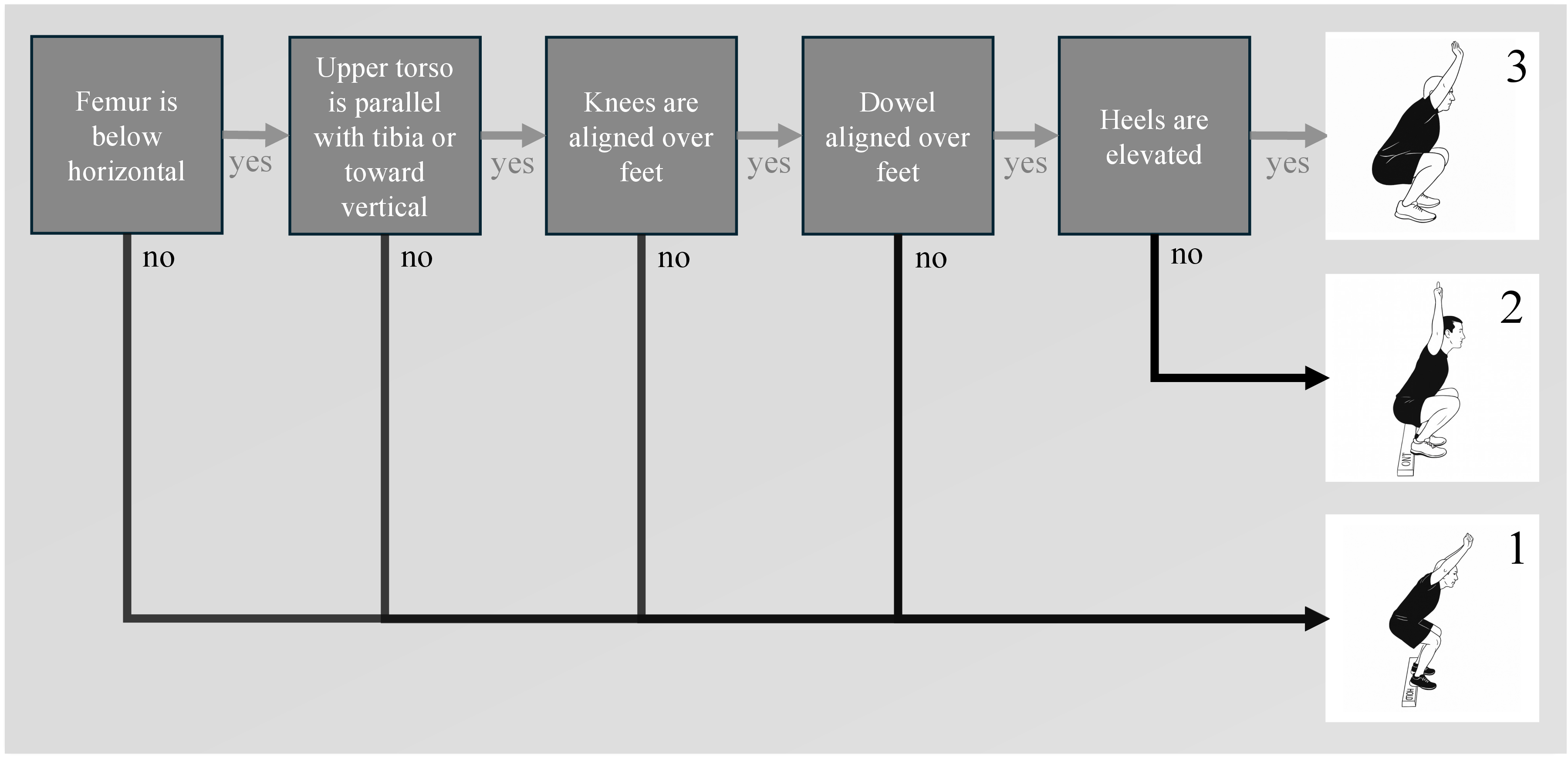 Figure 5: Labeling process for the DS as defined by Cook et al. [9], [10]. Each exercise is characterized by multiple criteria (e.g., “Femur is below horizontal” or “Heels are elevated”). Their fulfillment or violation determines the final exercise quality label.