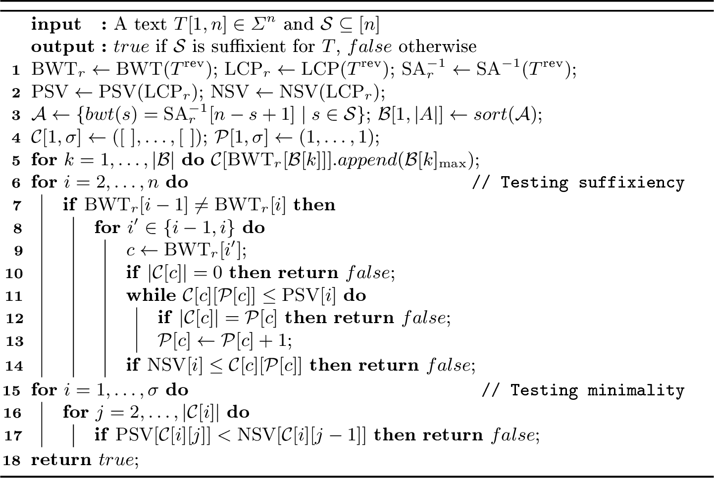 Figure 1: Determines if \mathcal{S} is a smallest suffixient set for a string T\in\Sigma^n