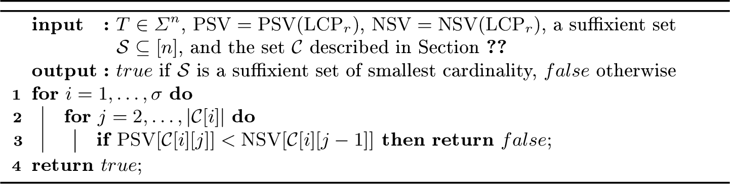 Figure 4: Determines if a suffixient set \mathcal{S} is of the smallest cardinality