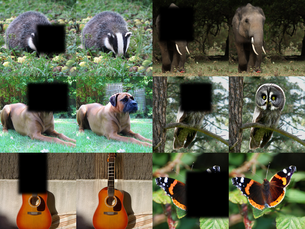Figure 7: Inpainting via test-time optimization of tokens. For each pair of images, the left image is the input to the optimization procedure, which optimizes 1D tokens according to a reconstruction loss on the given part of the image. The final image is produced by blending the input with the reconstruction.