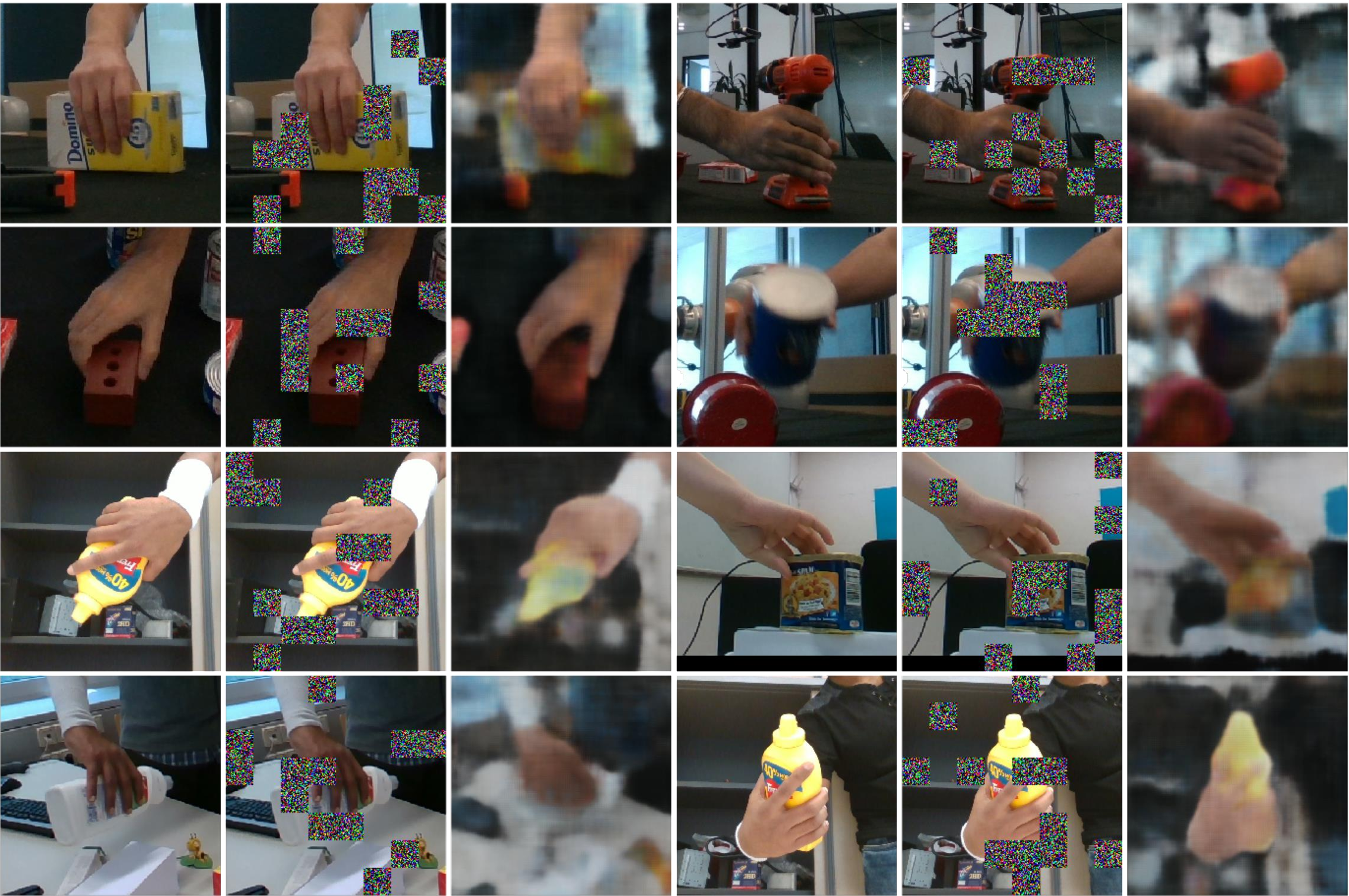 Figure 3: The reconstruction results of the masked images. Each group contains three images: the ground-truth image, the masked image, and our reconstructed image. The top two rows show results from the HO3Dv2 dataset [27], while the bottom two rows present results from the DexYCB dataset [28].